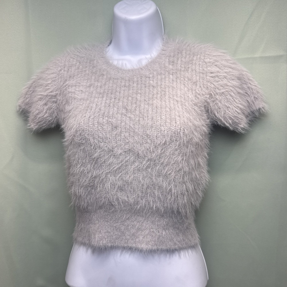 Zara Fuzzy Taupe Beige Short‎ Sleeve Sweater Size Small.